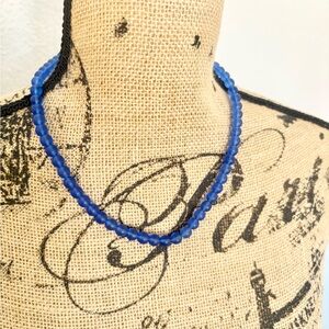 NWOT Artisan Made Bright Blue Frosted Glass Bead Necklace Silver Clasp